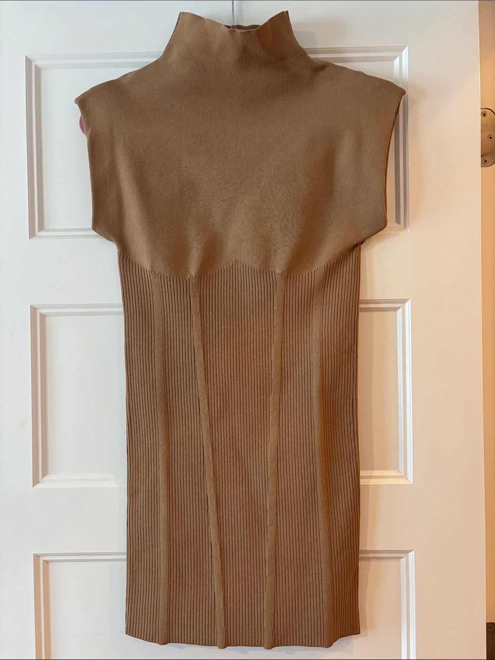 Anthropologie Sleeveless Mock Neck Ribbed Knit Dress - Camel